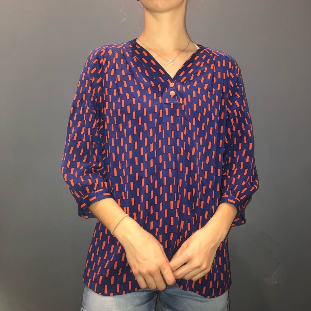 Diane Von Furstenburg Silk New Cahil Printed Top Blue and Orange 3/4 Sleeve